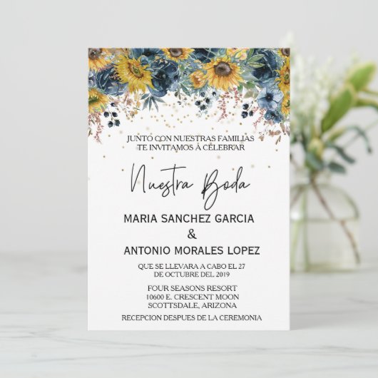Spaanse bruiloft Nuestra Boda Blue Sunflower Kaart (Staand voorkant)