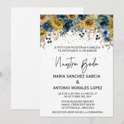 Spaanse bruiloft Nuestra Boda Blue Sunflower Kaart (Voorkant / Achterkant)