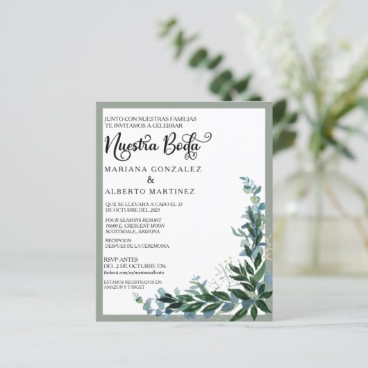Spaanse bruiloft Nuestra Boda RSVP Eucalyptus (Staand voorkant)