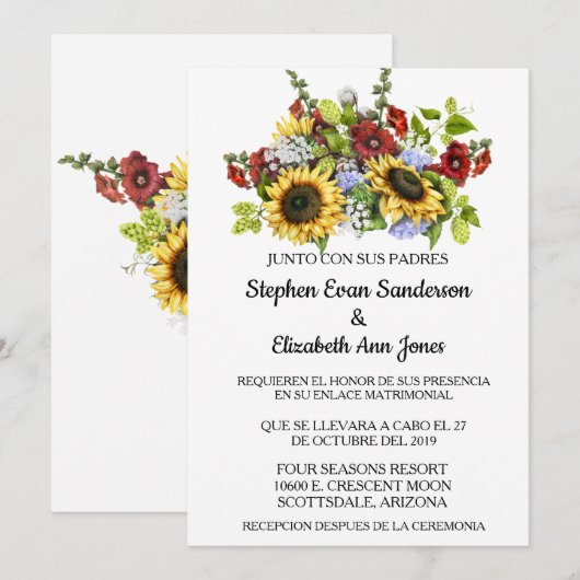 Spaanse bruiloft Sunflower Burgundy Rustic Kaart (Voorkant / Achterkant)