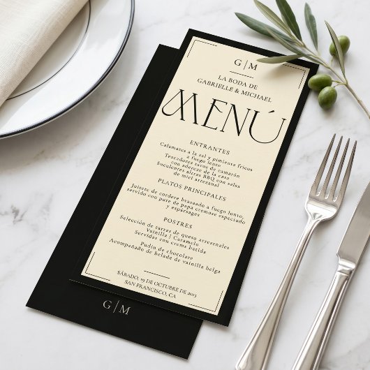 Spaanse Bruiloftsmonogram Zwart Ivoor Bruiloft  Menu