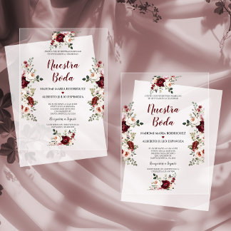 Spaanse Burgundy Roze Bloemen Nuestra Boda Acryl Uitnodigingen