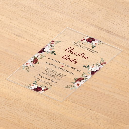 Spaanse Burgundy Roze Bloemen Nuestra Boda  Acryl Uitnodigingen (Laagn)