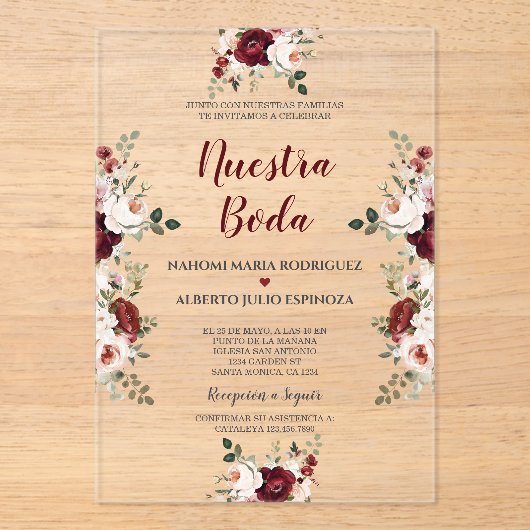 Spaanse Burgundy Roze Bloemen Nuestra Boda  Acryl Uitnodigingen (Voorkant)