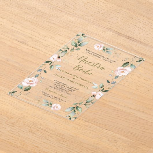 Spaanse Charm Roze Bloemen Goud Nuestra Boda Acryl Uitnodigingen (Laagn)
