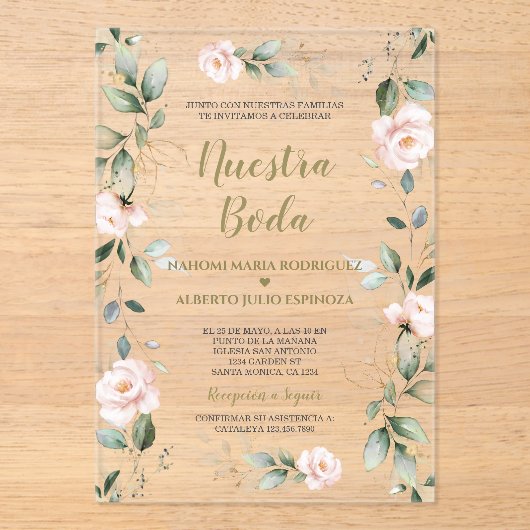 Spaanse Charm Roze Bloemen Goud Nuestra Boda Acryl Uitnodigingen (Voorkant)