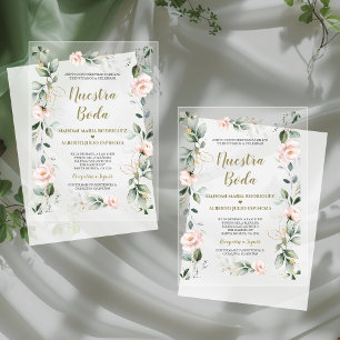 Spaanse Charme Roze Bloem Goud Nuestra Boda Acryl Uitnodigingen