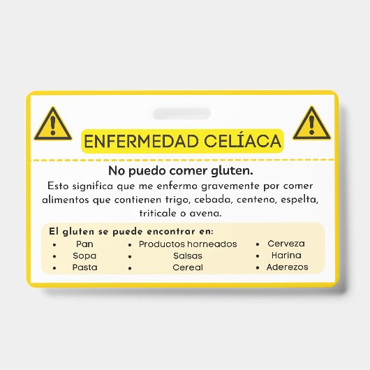 Spaanse Coeliakie Gluten Allergie Waarschuwingskaa Badge (Voorzijde)