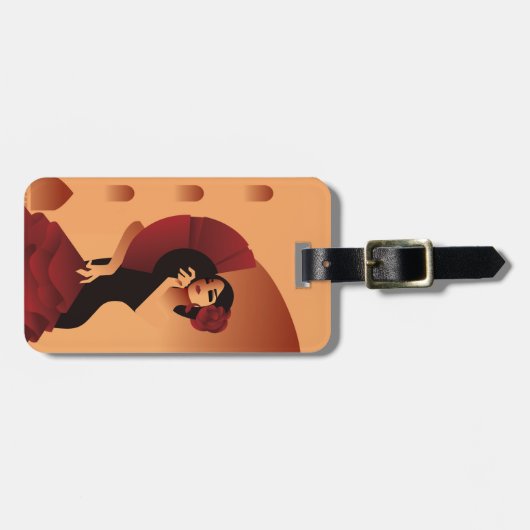 Spaanse dame met fan en roos in haar bagagelabel (Voorkant horizontaal)