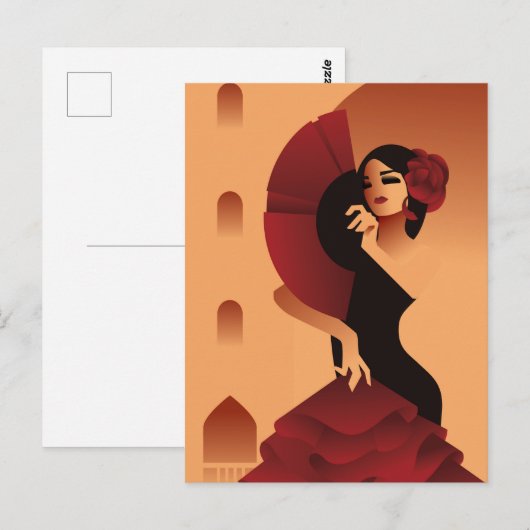 Spaanse dame met fan en roos in haar briefkaart (Voorkant / Achterkant)