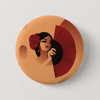 Spaanse dame met ventilator en rode roos in haar ronde button 5,7 cm