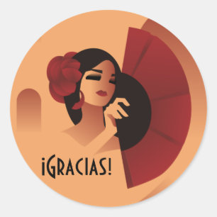 Spaanse dame met ventilator en rode roos in haar ronde sticker