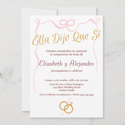 Spaanse Delicate Pink Bow Rings Engagement Party Kaart (Voorkant)