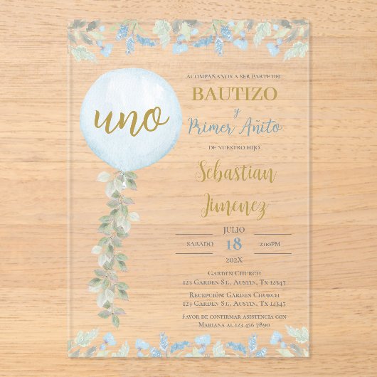 Spaanse doop acryl uitnodigen met ballonnen acryl uitnodigingen (Voorkant)