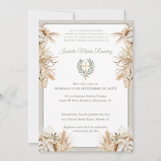 Spaanse doop eerste verjaardag boho pampa gras kaart (Voorkant)