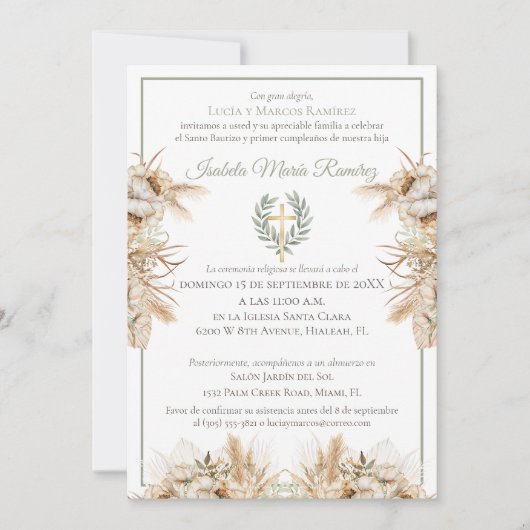 Spaanse doop eerste verjaardag pampagras kaart (Voorkant)