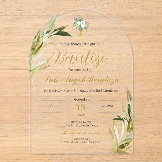 Spaanse doop jongen acryl uitnodigingen (Voorkant)