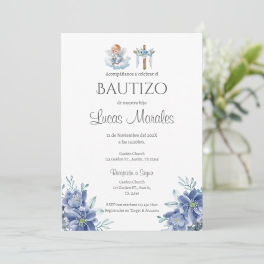 Spaanse Doop Jongen uitnodiging (Staand voorkant)