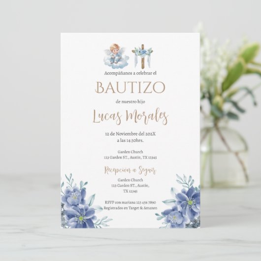 Spaanse Doop Jongen uitnodiging (Staand voorkant)