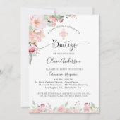 Spaanse Doop Munt en Perzik Bloemen Uitnodiging (Voorkant)