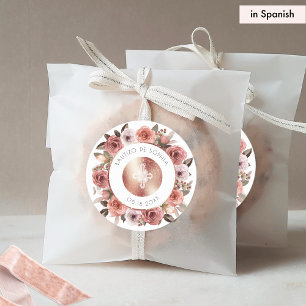 Spaanse Doop, Roze Bloemige Envelope Zegel/Gunst Ronde Sticker