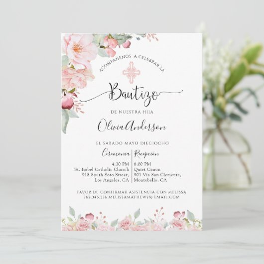 Spaanse Doop Roze en Munt Bloemen Uitnodiging (Staand voorkant)