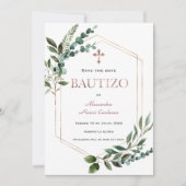 Spaanse Doopfeest Groene Bladeren Rose Goud  Save The Date (Voorkant)