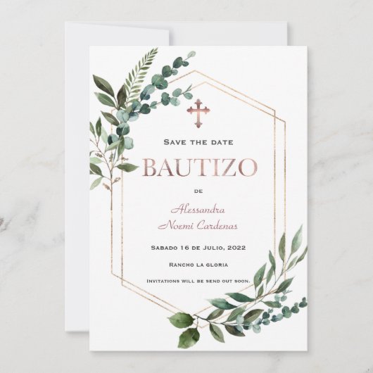 Spaanse Doopfeest Groene Bladeren Rose Goud  Save The Date (Voorkant)