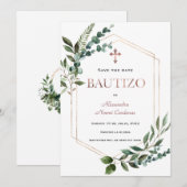 Spaanse Doopfeest Groene Bladeren Rose Goud  Save The Date (Voorkant / Achterkant)