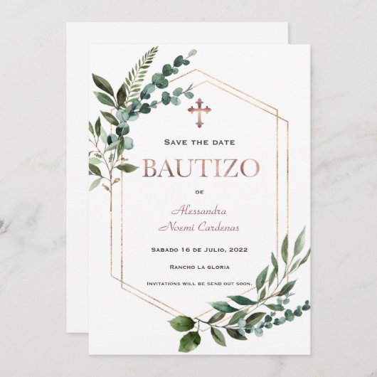 Spaanse Doopfeest Groene Bladeren Rose Goud  Save The Date (Voorkant / Achterkant)