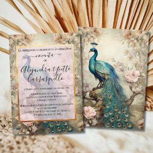Spaanse Elegante Blauwe & Gouden Pauw 90ste Verjaa Kaart