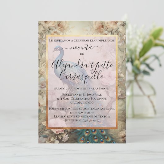 Spaanse Elegante Blauwe & Gouden Pauw 90ste Verjaa Kaart (Staand voorkant)