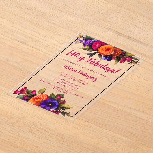 Spaanse Elegante Chic Bright Bloemen 40e Verjaarda Acryl Uitnodigingen (Laagn)