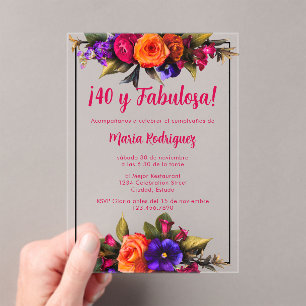 Spaanse Elegante Chic Heldere Bloemen 40e Verjaard Acryl Uitnodigingen