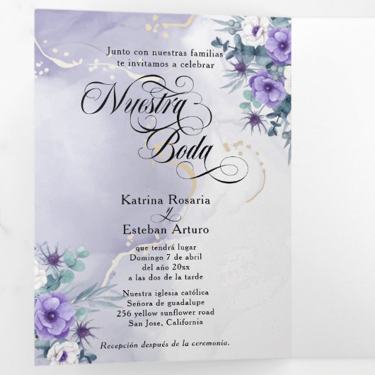 Spaanse Engelse Flores Moradas Paarse Bloemen Tri- Drieluik Uitnodiging (Binnenzijde eerst)