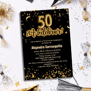 Spaanse Fancy Zwart & Goud Confetti 50ste Verjaard Kaart
