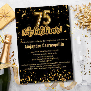Spaanse Fancy Zwart & Goud Confetti 75ste Verjaard Kaart