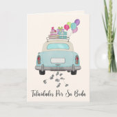 Spaanse Felicidades Trouwdag Blauwe Retro Auto Kaart (Voorkant)