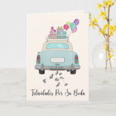 Spaanse Felicidades Trouwdag Blauwe Retro Auto Kaart (Gele Bloem)