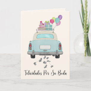 Spaanse Felicidades Trouwdag Blauwe Retro Auto Kaart