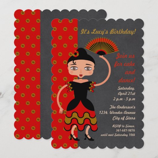 Spaanse Flamengo-meisje Birthday Party uitnodiging (Voorkant / Achterkant)