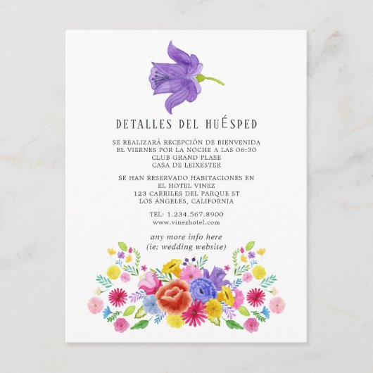 Spaanse Floral Fiesta Guest Details Enclosure Kaar Informatiekaartje (Voorkant)