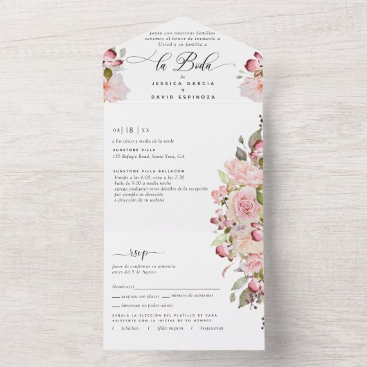 Spaanse Foto Blush Bourgondische bruiloft scheur v All In One Uitnodiging (Binnen)