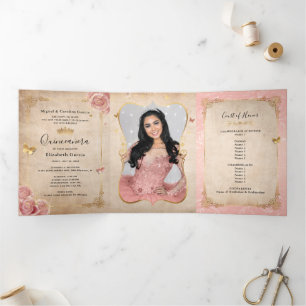 Spaanse foto Blush roze Rose Gold Quinceanera Drieluik Uitnodiging