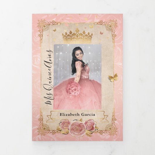 Spaanse foto Blush roze Rose Gold Quinceanera Drieluik Uitnodiging (Cover)