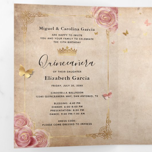 Spaanse foto Blush roze Rose Gold Quinceanera Drieluik Uitnodiging (Binnenzijde eerst)