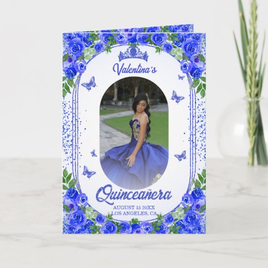 Spaanse foto Royal Blue Quinceanera Programma (Voorkant)