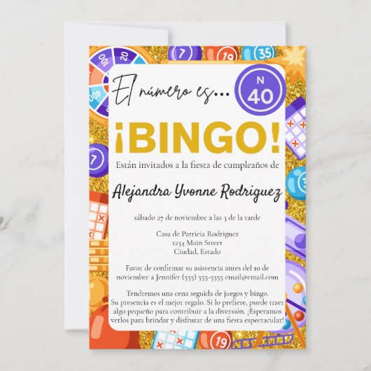 Spaanse Fun Bingo & Games Goud 40e Verjaardag Kaart (Voorkant)