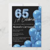 Spaanse Fun Blue Balloons Black 65e verjaardag Kaart (Voorkant)