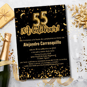 Spaanse Glam Zwart & Goud Confetti 55ste Verjaarda Kaart
